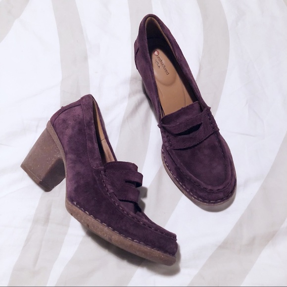 Clarks Shoes - NWOT Clarks chocolate suede heeled penny loafers!